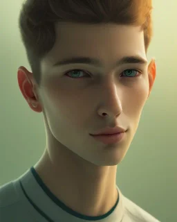 boy, cute, young, brown hair, green eyes, short hair, close up, head and shoulders portrait, head and shoulders portrait, 8k resolution concept art portrait by Greg Rutkowski,