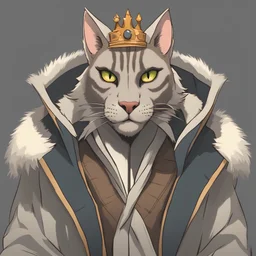 Studio ghibli style Male khajiit with grey fur wearing a crown and modern jacket