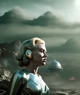 Ultra Realistic retro sci-fi scene, portrait, 2 blonde woman clones, sweet young Marilyn Monroe face, perfect iris, tight latex coat, helmet, Strange planet background. Spaceship, fog, rain, soft color, highly detailed, unreal engine 5, ray tracing, RTX, lumen lighting, ultra detail, volumetric lighting, 3d, finely drawn, high definition, high resolution.