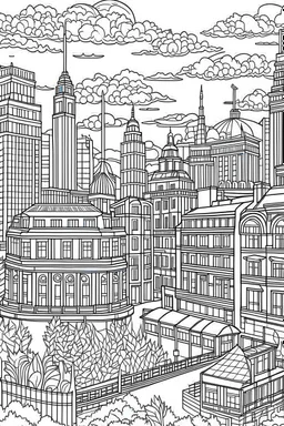 various architectural landmarks and cityscapes, coloring book page, simple and clean line art, adult drawing book, black and white, crisp black lines, no shades, sharp lines, coloring book for adults, cartoon style, landscape