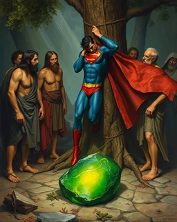 Bosch painting style ,nightmare, a group of people from the Stone Age gathering around a Superman and tied him on a tree in front of a green shining stone of krypton on the floor