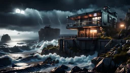 outpost on a cliff overlooking the stormy seas that serves as a safehouse during a zombie apocalypse, nighttime, storms, cyberpunk style, video game scene, hyperrealistic, hyperdetailed, Unreal Engine, 8k resolution, art station, god lights, ray tracing, RTX, lumen lighting, ultra detail, volumetric lighting, 3d