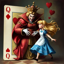 The Queen of Hearts, in a lavish red and gold gown with intricate patterns, a regal crown, and an angry expression, bursts dramatically from a playing card marked with a red 'Q' and hearts in each corner. Her form shifts from flat to 3D as she emerges, reaching menacingly toward a frightened Alice, who has blond hair flowing behind her as she flees in a blue dress with a white apron. The background blends card motifs with a whimsical, intense storybook atmosphere.