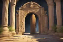 تمثل هذه الصورة لحظة ساحرة تأخذنا في رحلة سفر عبر الزمن. في الأمام، نرى بوابة قديمة مهيبة، مُطلة على ممر طويل من الزمن. تبدو البوابة كمفتاحٍ سحري لعوالم مختلفة، حيث يمكن لمن يمرّ بها أن يعبر إلى عصور مختلفة. تتداخل ضوء الشمس والظلال على الأرض وجدران البوابة بأسلوب ساحر، مما يضفي على المشهد أبعادًا من السحر والغموض. يبدو أن البوابة محاطة بجو من الهدوء والترقب، وكأنها تنتظر المستكشفين الجريئين ليخوضوا تلك التجربة العجيبة. تدفعنا الصورة إلى التأمل في فكرة التواصل مع الماضي والسفر عبر الزمن، حيث يم