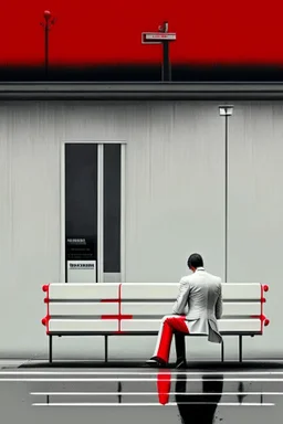 A lonely man waiting for bus in white suit red tie and black shoes