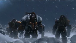 3 Warriors in blizzard, comic style