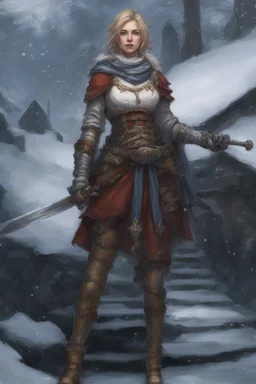 A female cleric dressed for the cold with a sword.