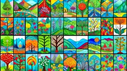 A collage of vibrant, nature-themed paintings arranged in a 4x4 grid, featuring landscapes, flowers, trees, and abstract designs in bright, contrasting colors.