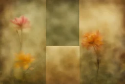 flowers, blur 5%, double exposure, merged layers, in the first part (near to us) of the picture you can see a plain sandblown smoked glass, engraved with a folk art pattern, the glass is cracked in several places, in some places the glass is broken, crumpled burlap, through it you can see a tropical rainforest with a waterfall, mist, tooth, sunrise