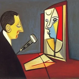 man behind microphone reading book by picasso