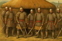 Mongol warriors around Genghis Khan in his yurt 1240s. strong athletic build, in battle gear. HDR --s 1000