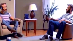 man sitting ALONE in his lazy boy chair at home argues with his AI clone on the phone