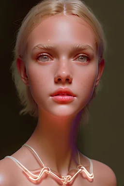Ultra realistic cg rendering of a Norman Rockwell style illustration of three, black harness bra wearing, glowing neon necklace wearing, nipple illuminating, Pert, thin, nubile, older teen girls with 50s style Sandy blonde hair, pokies, nipples, bare breasts, polka dots and white collars and cuffs