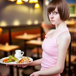 Realistic photo Russian shorthair beautiful 20-years tomboy boyish boylike young wife wide hips in restaurant