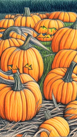 pencil drawing with colored pencils of a pumpkin patch