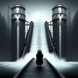 fantasy art, black and white book cover, hairy wizard in front of the ebony stairs, a bridge or dam ,icy water