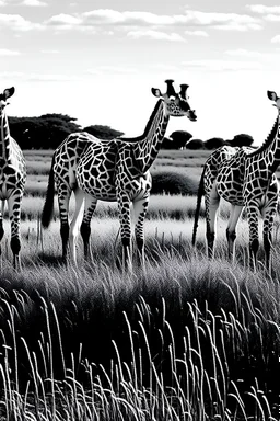 A black and white outlined picture of giraffs grazing on grass