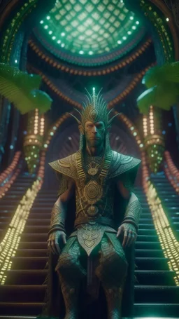 close up portrait of a happy blessed ancient magical king cyber punk soldier standing on a throne in a space alien mega structure with stairs and bridges woven into a sacred geometry knitted tapestry in the middle of lush magic forest, bokeh like f/0.8, tilt-shift lens 8k, high detail, smooth render, down-light, unreal engine, prize winning