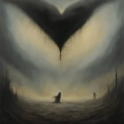 Matte Oil painting "Falling Love", Style by Zdzislaw Beksinski and Jonathan Meese and Santiago Caruso, dramatic, ultra sinister, symbolic expression