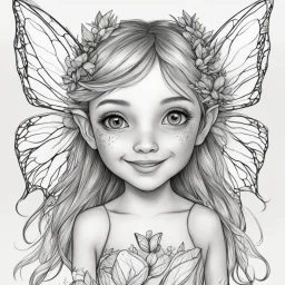 realistic FAIRY, adult, face view, cute, smile, beautiful, full view, realistic, coloring page, only draw lines, coloring book, clean line art, wildlife-inspired, kid style, –no sketch, color, –ar 3:4, white background, minimalistic black lines, 8k, minimal black color, low level black colors, coloring page, use pure black and white colors, avoid thick black colors, thin black line art, avoid colors, perfect shape, perfect clear lines, clear edges, white background,