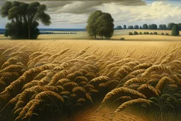 пшеничное поле, слева лесополоса, в стиле возрождения