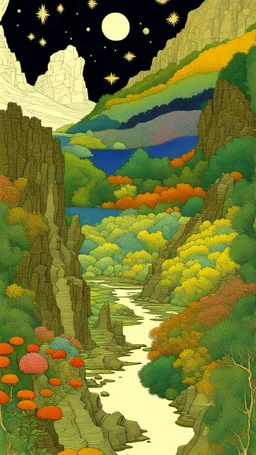 Many colors, peaceful, Egon Schiele, Max Ernst, night sky filled with galaxies, planets and stars, rock formations, trees, flowers, one-line drawing, sharp focus, 8k, deep 3d field, intricate, ornate, one million strokes