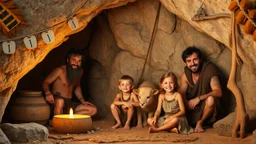 Stone-age family living in a luxurious cave, stone age technology, happy children, animal skin clothing, colour photograph