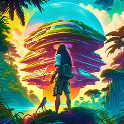 A high tech solarpunk utopia in the Amazon rainforest. Technology and nature mixed together, a long haired guy using flip flops at the center posing from the back on the image looking at colorful sky, cinematic. 3d render, science fiction, retro cover, high details, intricate details, by vincent di fate, artgerm julie bell beeple, 60s, inking, vintage 60s print, screen print.