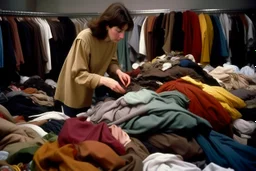 fotografía real, realizada con una cámara Canon y un objetivo de 35 mm, de una mujer europea seleccionando ropa entre un montón