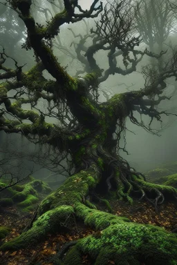 a scary tree without leaves . its skin is covered in moss and lichen, allowing it to blend seamlessly into its surroundings. Forest Spirits feed on the energy of trees and can create thick fog to confuse their victims.