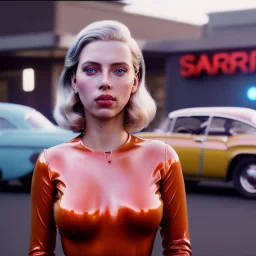 Ultra Realistic retro sci-fi afire Supermarket parking scene, 1960 year, blonde woman, sweet scarlet Johansson face, perfect iris, glow eyes, face makeup, tight latex coat; many panic people looking, Retro sci-fi style, soft color, highly detailed, unreal engine 5, ray tracing, RTX, lumen lighting, ultra detail, volumetric lighting, 3d, finely drawn, high definition, high resolution.