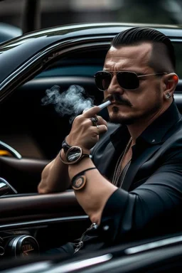 A strong balg man smoking a cigar in a Gtr