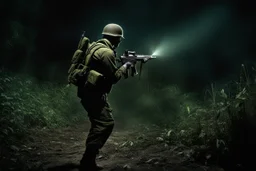 Luminescent spectral ghost of a headless soldier carrying a Thompson machine gun through the Congo at night