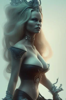 Pamela Anderson as evil queen in black leather, leather, busty, cleavage, angry, stern look. character design by cory loftis, fenghua zhong, ryohei hase, ismail inceoglu and ruan jia. unreal engine 5, artistic lighting, highly detailed, photorealistic, fantasy