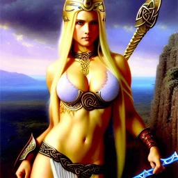 portrait 'beautiful Sexy busty Blonde Sif',long hair, Braids,horned helmet, celtic tattoed,painting by gaston bussiere, greg rutkowski, yoji shinkawa, yoshitaka amano, tsutomu nihei, donato giancola, tim hildebrandt, oil on canvas, cinematic composition, extreme detail,fit full head inside picture,32k