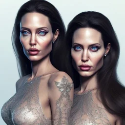 portrait of 2 Angelina Jolie as twin sisters, ultra-realistic, highly detailed, masterpiece, delicate detailed, sharp focus, insanely detailed, fantasy art, intricate detailed, elegant, fog, Special Lighting, Vibrant, color Scheme, unreal engine 5, trending on artstation