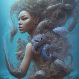 sango fantasy, fantasy magic, intricate, sharp focus, illustration, highly detailed, digital painting, concept art, matte, artgerm and paul lewin and kehinde wiley, masterpiece sexy lips Hawaiian afro lips black African lady body mermaid lionfish head blue space lady beach sea under water mermaid seaweed