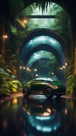 a car shaped like a bucket in dark lit reflective wet jungle metallic hall dome hotel tunnel, in the style of a game,bokeh like f/0.8, tilt-shift lens 8k, high detail, smooth render, down-light, unreal engine, prize winning