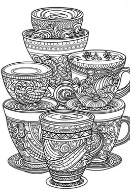 Outline art for coloring page, FULL PAGE 3 TEACUPS GROOVY DESIGN, coloring page, white background, Sketch style, only use outline, clean line art, white background, no shadows, no shading, no color, clear
