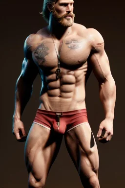 Ignore NSFW, teenager young rugged attractive slightly muscular fantasticly handsome blonde man, red briefs with yellow belt, hairy chest, (((visibly pisssing))) briefs, large erect visible boner peniss, photorealistic, artist Jay Anacleto, soft lighting, scruffy beard