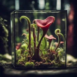 close up of horrific carnivore plant in a glass square terrarium, sharp focus, high contrast, dark tone, bright vibrant colors, cinematic masterpiece, shallow depth of field, 16k resolution, photorealistic, intricate details, dramatic natural lighting