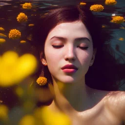 girl underwater with yellow flowers for hair, closed eyes, rtx, reflection, 8k, glow, winning photography, caustics