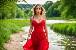 shot from front ,green field and wild flower field ,(A German beauty , with a melon seed face and wearing a red camisole skirt. She has a slender figure, beautiful makeup,very nice eyes looking around and elegant temperament walking and whisppering a song with emotions in water toward camera in trees next to wavy river with clear water and nice sands in floor.camera capture from her full body front, spring blosom walking to camera ,wild flowers moving in the wind ,blue sky,moving pretty clouds ,