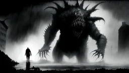 The described image presents an extremely horrifying scene with grayscale colors dominating the picture, creating a dark and eerie atmosphere. In this context, there is a massive, monstrous creature positioned prominently in the foreground of the image. This monster appears to be mythical and intensely frightening, characterized by its terrifying features and its colossal, imposing body that exudes immense power. When one looks at this monster, its face and eyes exhibit horrifying details, seem