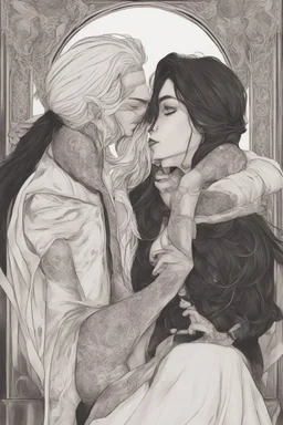 Strahd Von Zarovich, long black hair, being kissed on the mouth by a beautiful woman with white hair, wearing an off the shoulder dress. Settling and background are a lavish toomb with an ebony coffin.