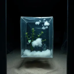 A photo of a dark, closed environment in a dark closed space. At the center, a transparent structure made of plastic encloses some electronical devices. Plants, clouds. The surface below appears to be sandy, with small accumulations of sand. In the background, other forms or structures are visible, some of which are thin and transparent. The photo was taken with a Hasselblad H6D 400c camera.