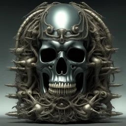 A MECHANICAL NON HUMAN SKULL AND PHALLIC SYMBOL DARK SLIMEY AND GIVING BIRTH SHARKS TEETH with a touch of H.R. Giger's biomechanical aesthetic. Hyperdetailed and rendered in 8k resolution, a true masterpiece. hyperdetailed intricately detailed Splash art action painting film noir photorealism psychedelic art telephoto lens aetherpunk horror post-apocalyptic VIVID IN COLOR