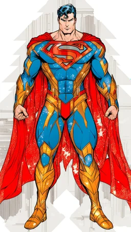 Superman in an advanced, decorated cosmic suit. The background is destroyed buildings and a sky colored with stars, planets and spaceships