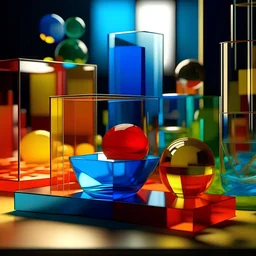 minimalist and stylized rube goldberg of mixed 3d glass with refraction and caustic effect that were composed as a art installation, studio lighting, gallery cyc background, cinematic, dramatic angle, depth of field