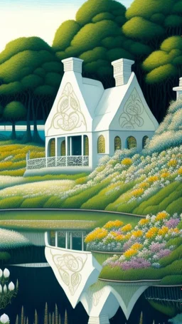 A house made out of white fathers designed in a field of white wild flowers paintings painted by Paul Ranson , Busch painting style, all white, by the lake, fine line draw style
